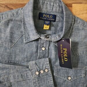 NWT Polo Ralph Lauren Cotton Chambray Western Shirt Pearl Snap Sz Youth Medium